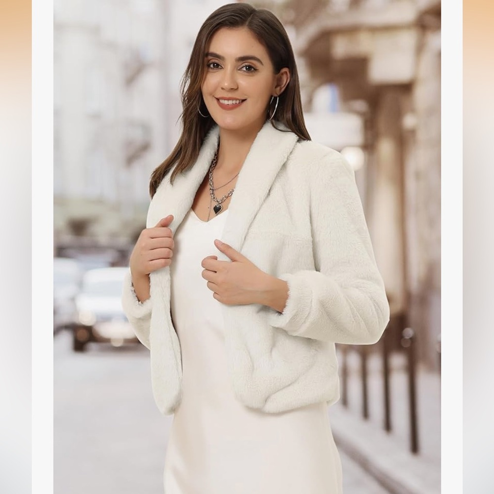 Allegra K Plush Teddy Jacket in White